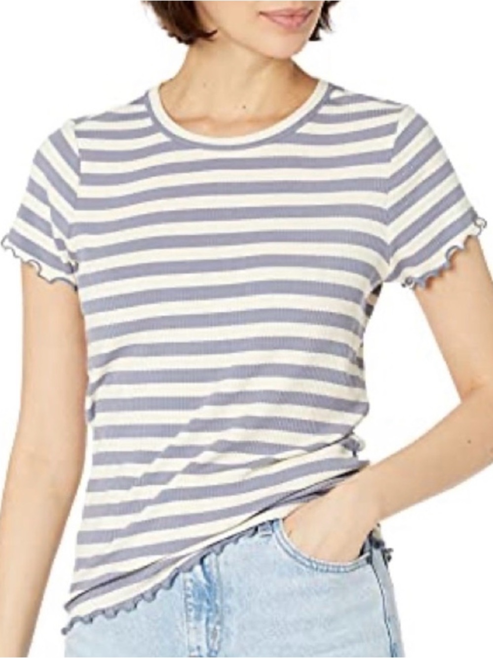 Paige—  Striped Ribbed Tee - Blue & White